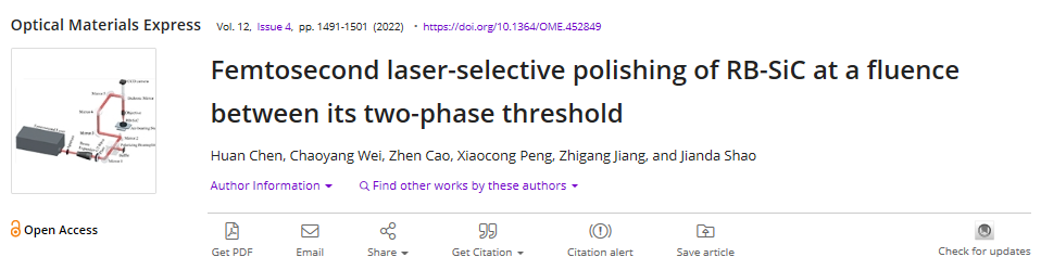 上海光机所在飞秒激光抛光反应烧结碳化硅研究中取得新进展