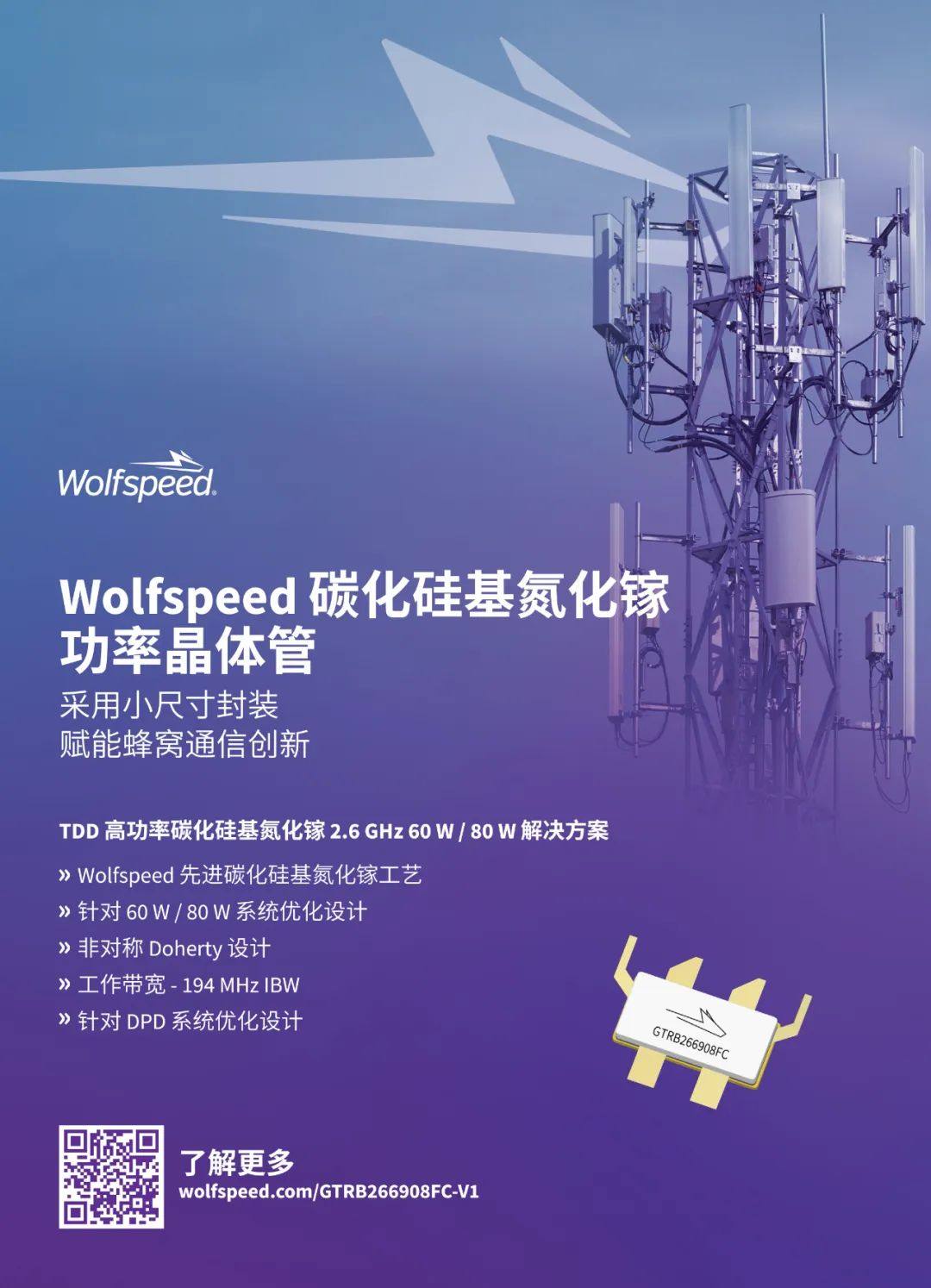 Wolfspeed 碳化硅基氮化镓功率晶体管，赋能蜂窝通信创新